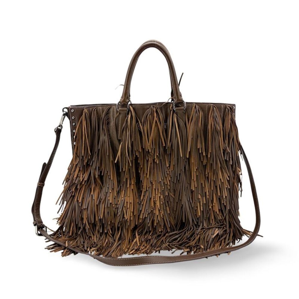 Prada Vitello Daino Fringe Tote Bag Brown